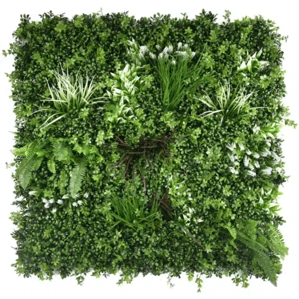 artificial grass plant wall, tropical wall with white and green colours. Prestige Lawns