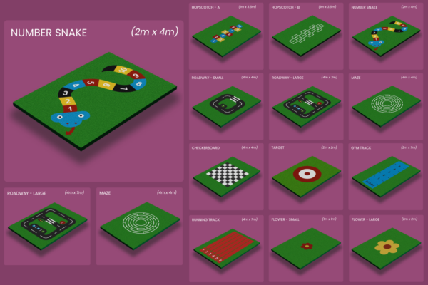 Various CAD cut designs of artificial grass play areas, including number snake, hopscotch, roadway, checkerboard, target, and running track.