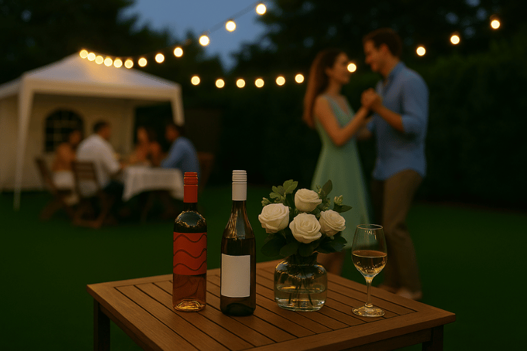 Couple dancing barefoot on artificial grass under string lights at a garden engagement party.