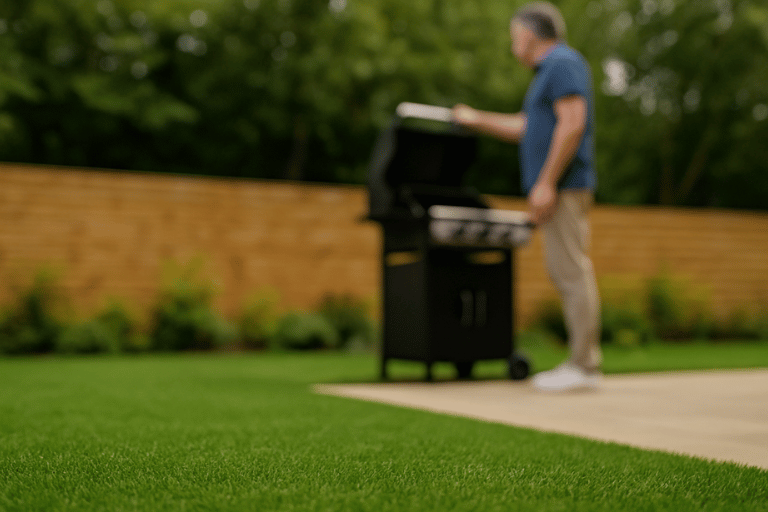Close-up of artificial grass with blurred man grilling on a gas BBQ in the background.